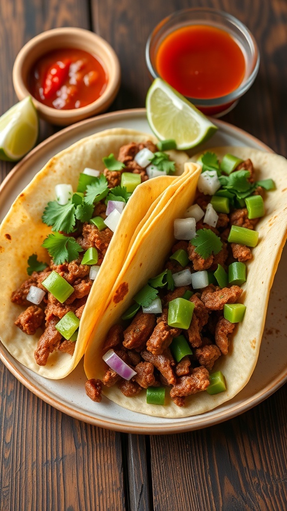 A plate of authentic Mexican tacos with meat, cilantro, onions, lime, and salsa on a rustic table.